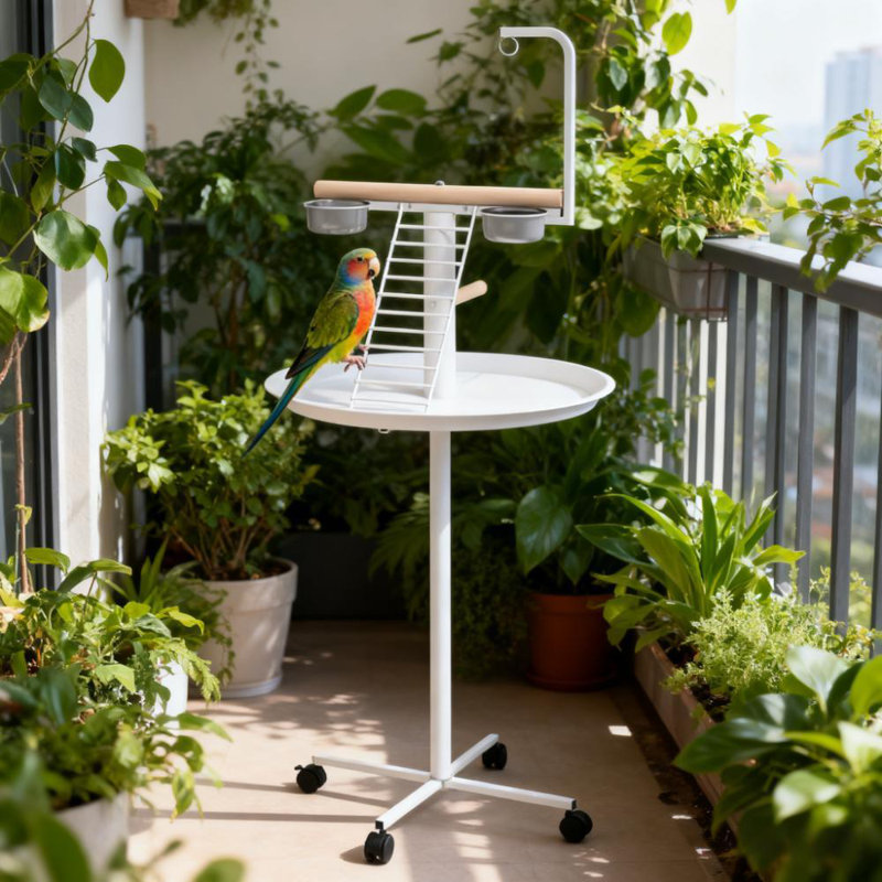 Bird Stand with Wheels (Natural Wood,White)