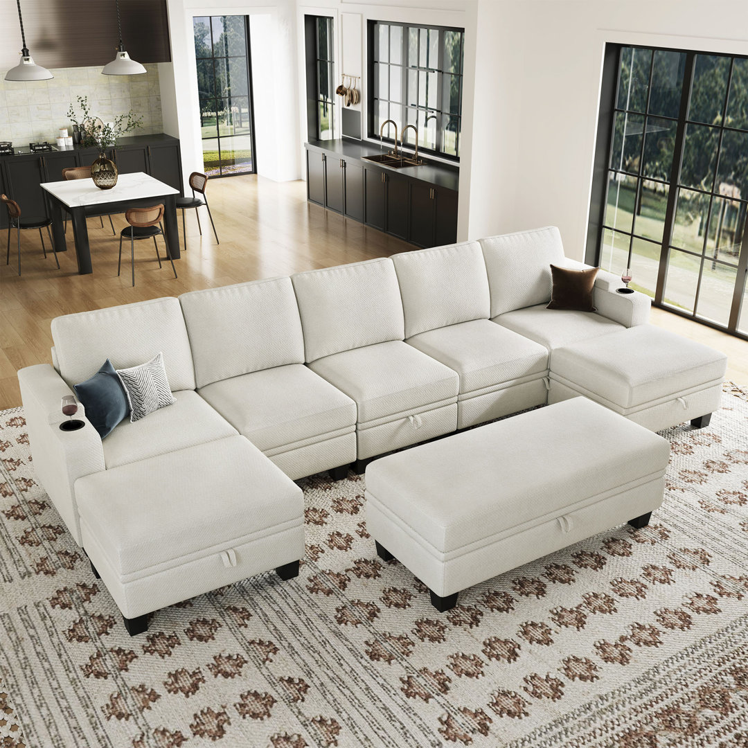 Jenette Large Chenille Modular Storage Couch U Shaped Modular Sofa With Removable Washable Cushion And Movable Storage Ottomans And Cup Holder Latitude Run® Body 