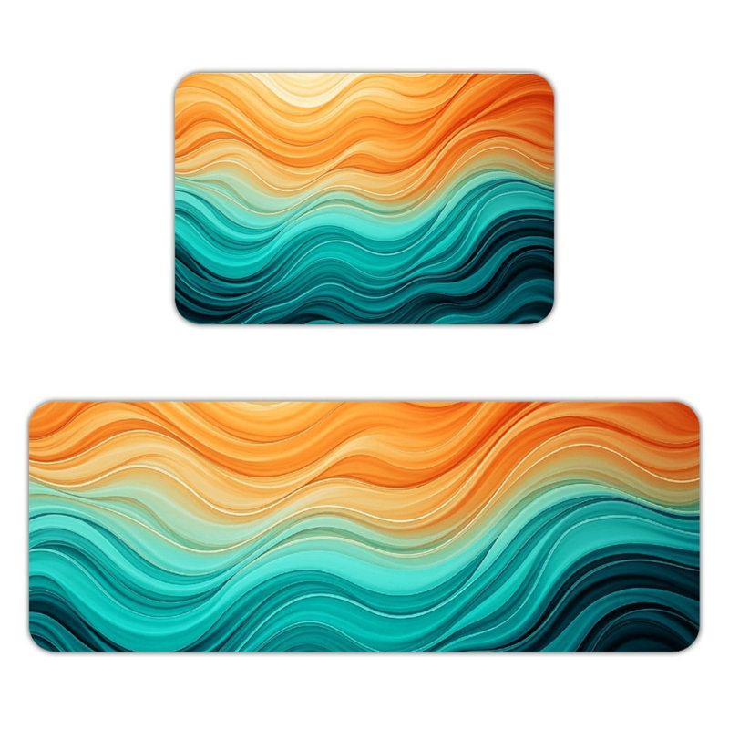 Ensemble de 2 tapis de sol en flanelle ondulée aux motifs abstraits orange et turquoise