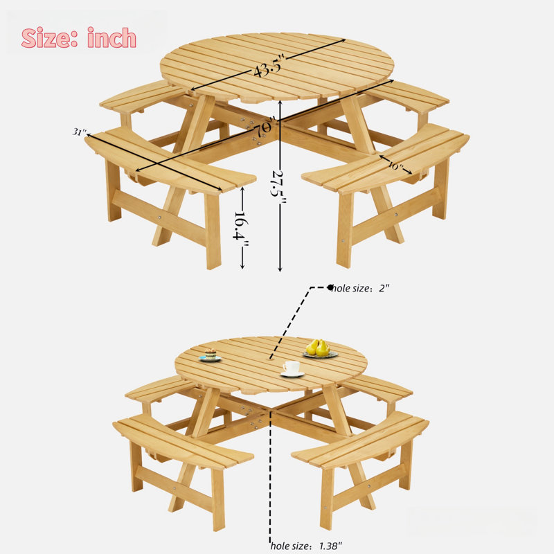 Karabella Outdoor 8-person Dining Sets With 4 Built-in Benches And Umbrella Hole, Natural