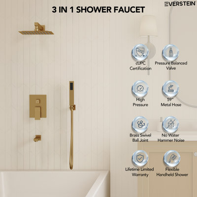 Ensemble de robinet de douche à pluie haute pression mural 10 ", robinet de baignoire avec valve brute