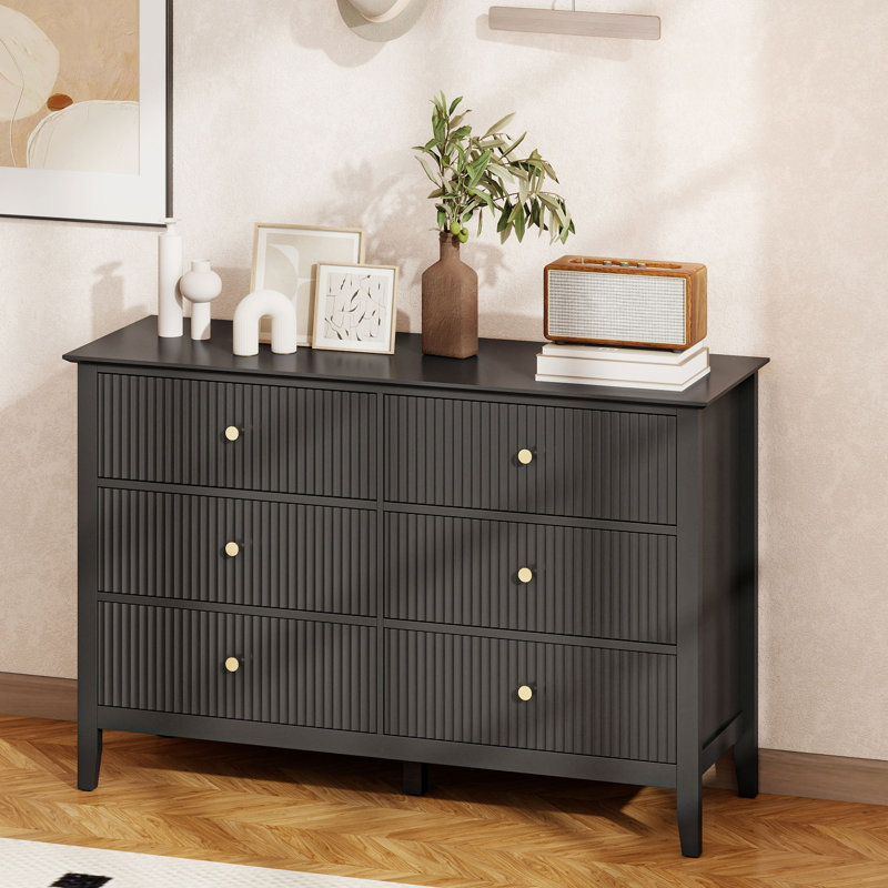 Commode 6 tiroirs cannelée pour chambre à coucher, double commode, noir, Black