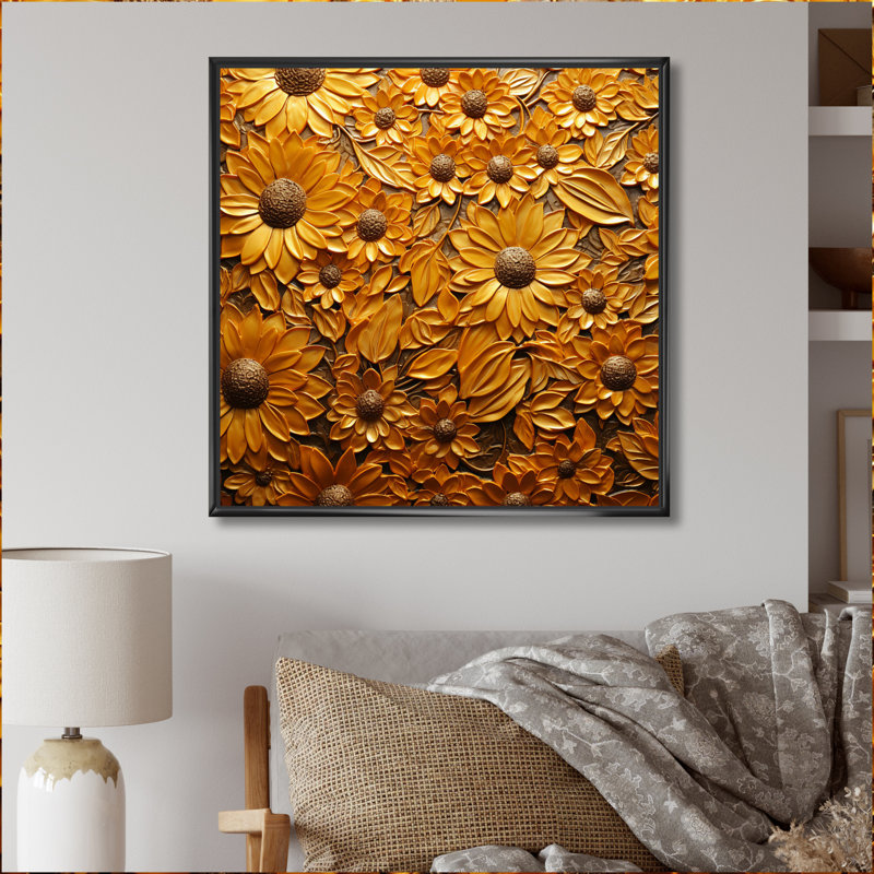 Tournesol doré rayonnant sur toile, H 30 po x l 30 po x P 1 po, Cadre flottant noir