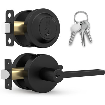 Ensemble combiné de poignées de porte d'entrée réversible et de serrure à pêne dormant cylindrique simple RALPH | Ensemble de serrures d'entrée modernes à clé pour portes intérieures et extérieures