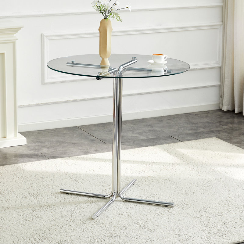 Table ronde haute en verre, table ronde de 36 pouces, plateau en verre trempé, support robuste à quatre colonnes plaqué en chrome argenté, convient aux tables rondes transparentes dans les petits espaces, les cuisines