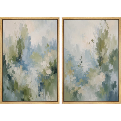 Doux vert bleu abstrait botanique encadré, art mural de la chambre principale, 2 pièces