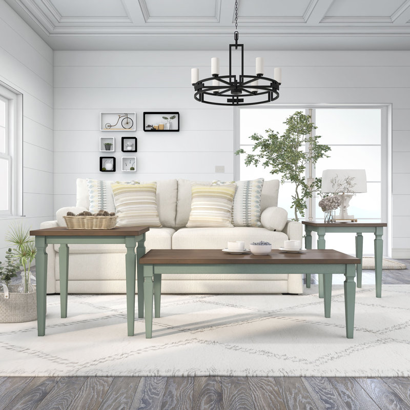 Vosgan 3-Piece Coffee Table Set, Oak/Antique Blue