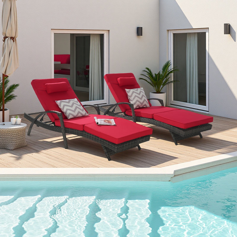 Outdoor Wicker Long Reclining Chair Set Of 2 , Wicker Reclining Lounge Chair Lawn Sunbathing Chairs Recliner Up To 150° Beach Poolside Garden