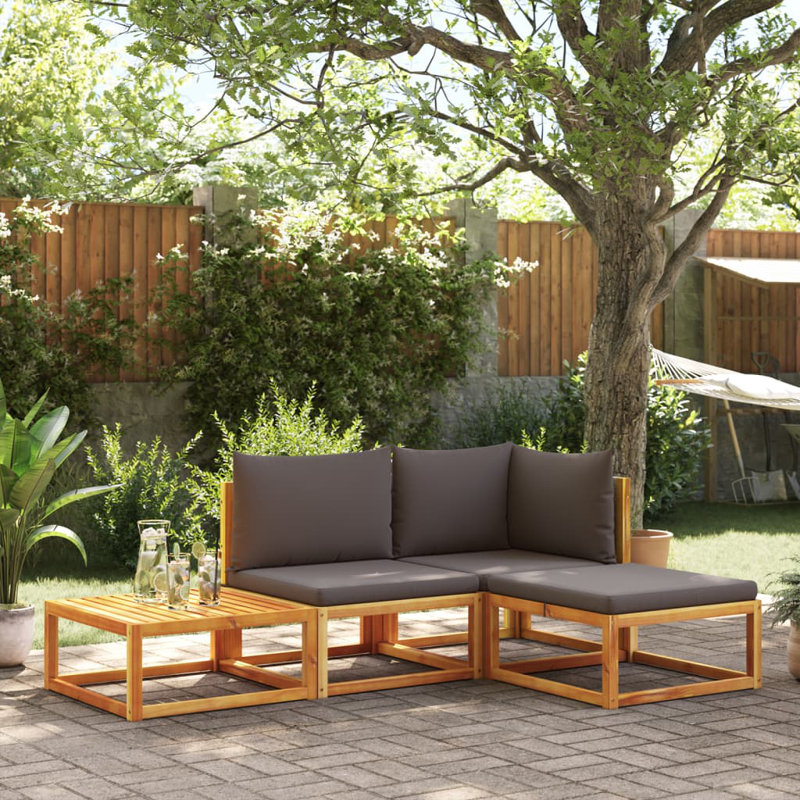  Ensemble de canapé de jardin en bois d'acacia gris, rotin PE, tissu de polyester, mousse, Gris