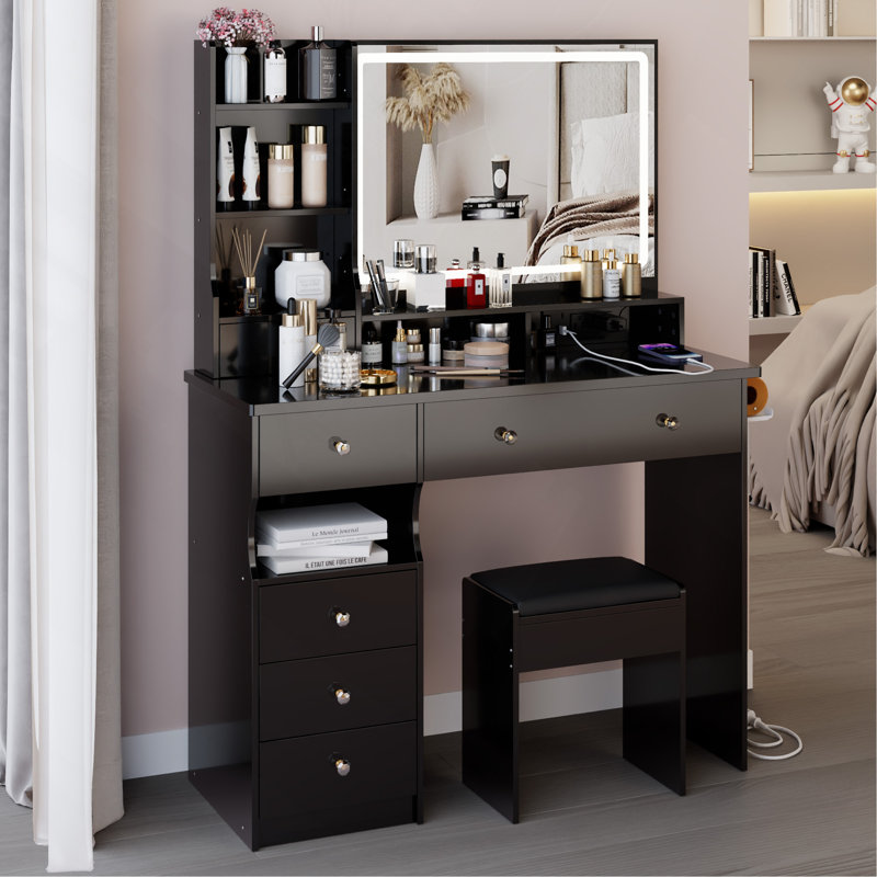 41" Large Size Left Drawer Desktop Vanity Table With Cushioned Stool Dresser Set, 2 AC Outlets And 2 USB Ports Power Station, Hair Dryer Stand, Extra-Large Touch-Control Led Mirror, 3-Color Switching