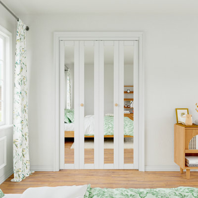 Mirrored Glass White Primed Solid Core Bi-Fold Closet Door With Hardware Kit