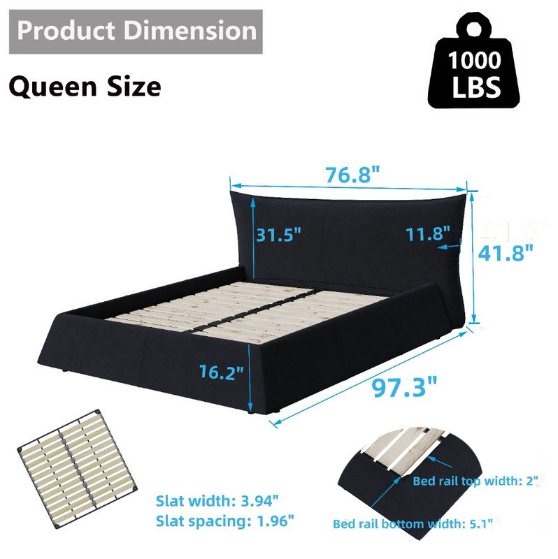 Queen Size Upholstered Platform Bed | Special Shaped Velvet Headboard | Metal & Solid Wood Frame for Luxury Bedroom