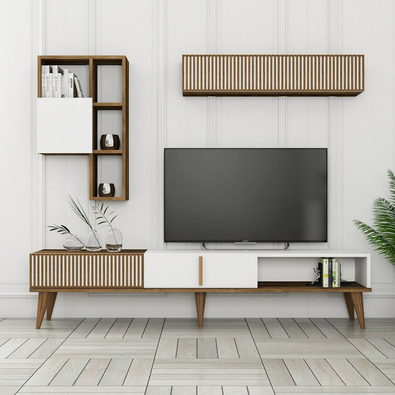 Dmalavas Unfinished TV Stand for TVs up to 88", Walnut/White