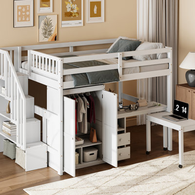 Lit mezzanine double avec escalier, bibliothèque, tiroirs, bureau et garde-robe - espace blanc multifonctionnel pour et adolescents