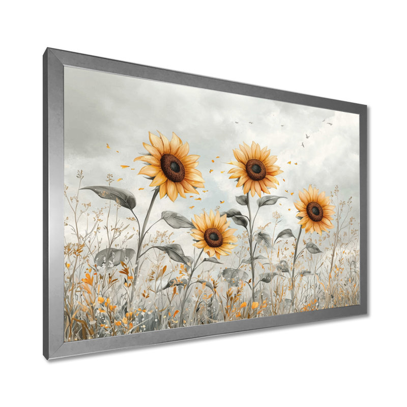 Art mural sur toile, tournesols Drangang, Reproduction encadrée d'une seule photo, Argent argent, H 16 po x l 32 po