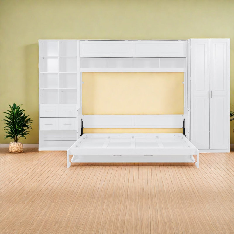 Grand lit escamotable blanc, tablettes en bois et tiroirs pour les maisons modernes