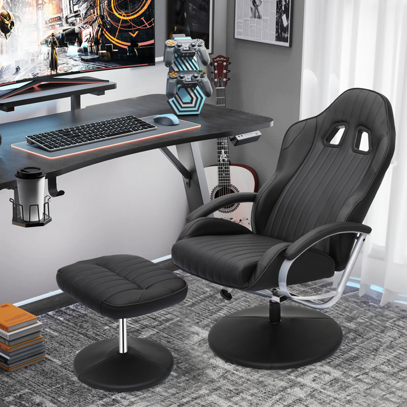 Upholstered Reclining Swivel Chair with Adjustable Angle and Footrest, Black