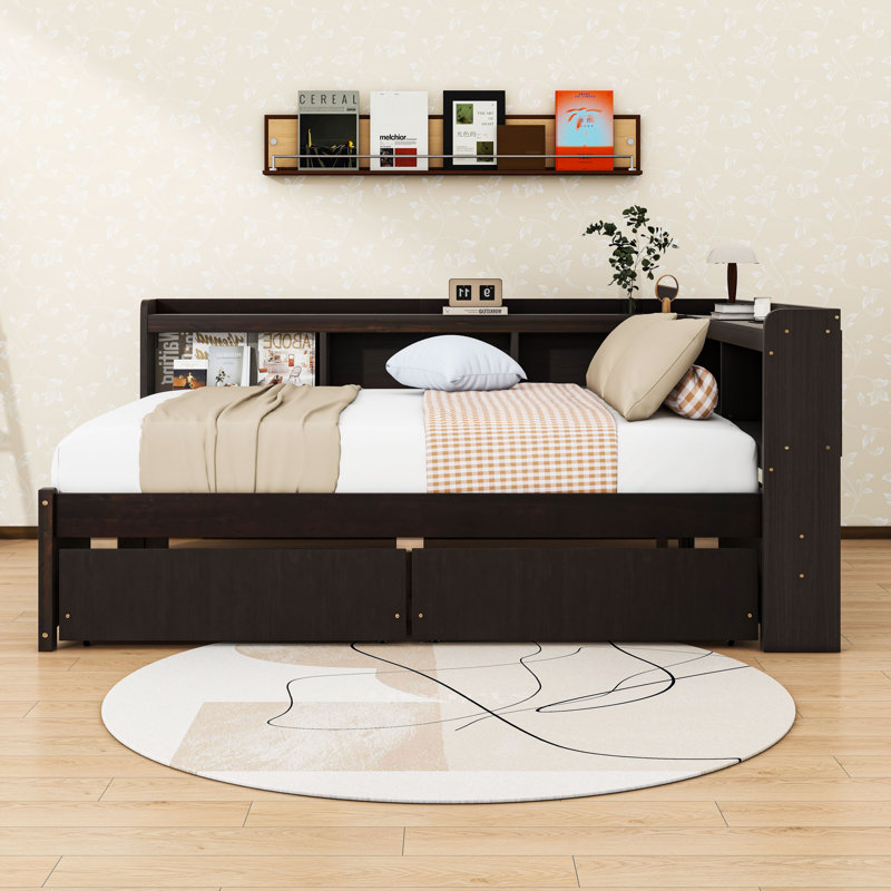 Wooden 2 Drawers L-Shaped Daybed with Built-in Power Outlets, Double, Espresso