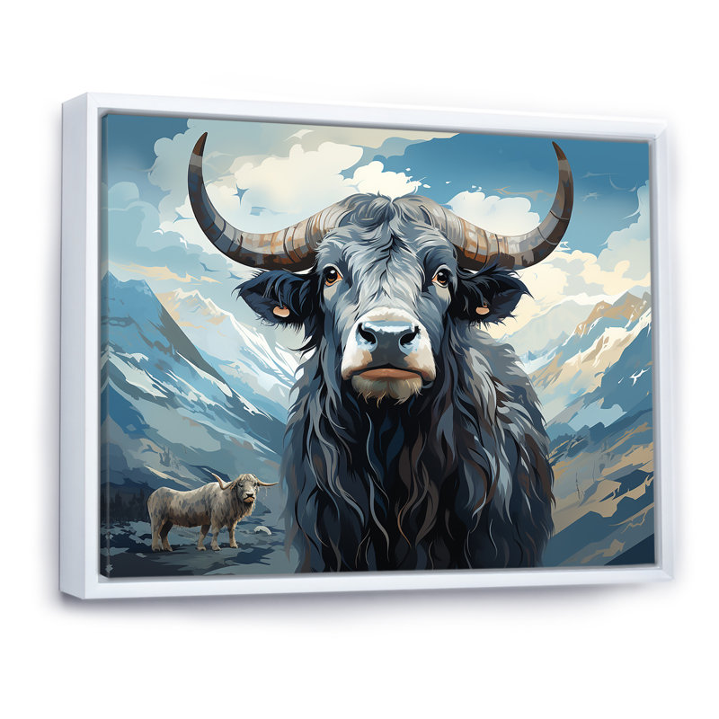 «Blue and Gray Yak», peinture sur toile, Cadre flottant blanc, H 24 po x l 32 po x P 1 po