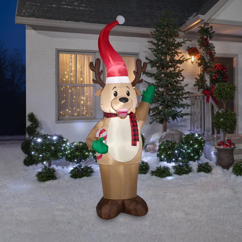 9 ft Brown Pre-lit Inflatable Christmas Reindeer with Santa Hat