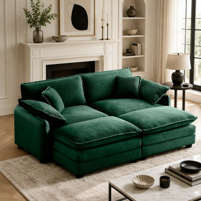Two-Seater Theater Sofa  with 2 Footrest, 2-Seater Sofa with Ottoman for Small Living Spaces,Green Corduroy