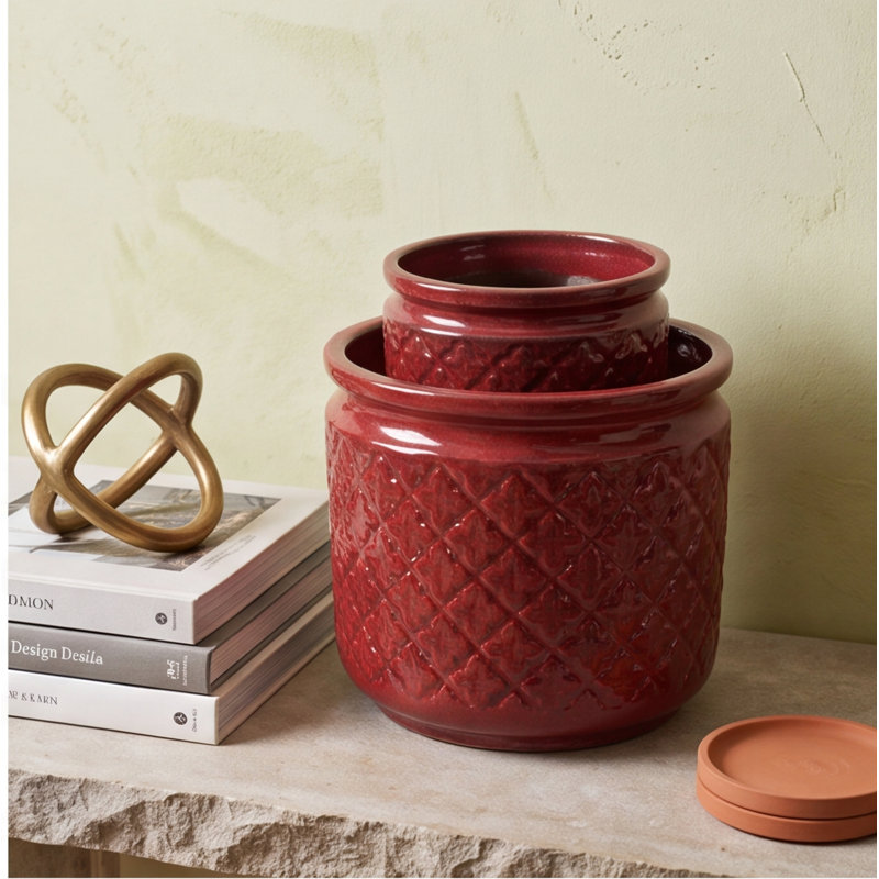 Ensemble de pots à fleurs en céramique fait à la main à motif de losanges de 15/12/9 pouces, pots en argile respirants pour orchidées et plantes d'intérieur fait à la main