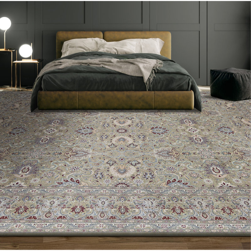 Wool Oriental Area Rug in Light Green/Wine