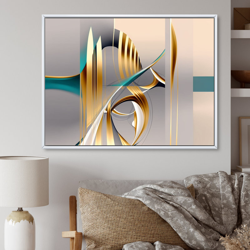 «Minimal Gold Abstraction On Turquoise Horizon I», art mural fractales, H 34 po x l 44 po x P 1,5 po, Cadre flottant blanc
