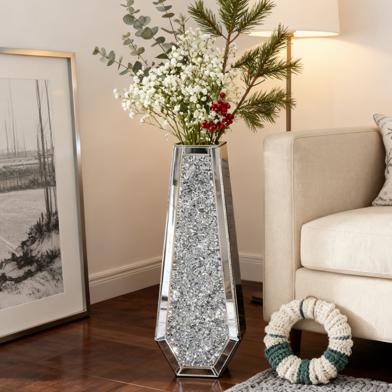 Ankaj Glass Flower Tall Vase Crystal Room Decor, 61.5cm H X 22cm W X 11cm D, Silver