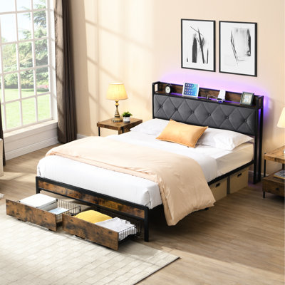 Cadre de lit double avec rangement et station de charge, éclairage DEL, télécommande, structure en fer, tête de lit, poste de recharge, chambre silencieuse, structure métallique