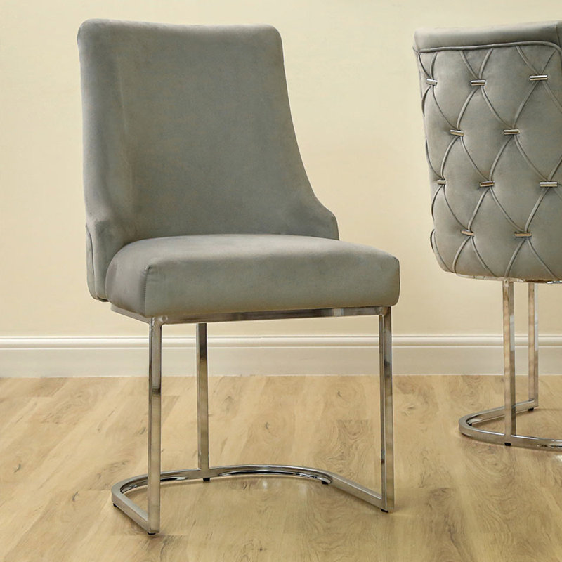 Ajan 55cm H Tufted Velvet Upholstered Upholstered Back Side Chair, Chrome, Grey