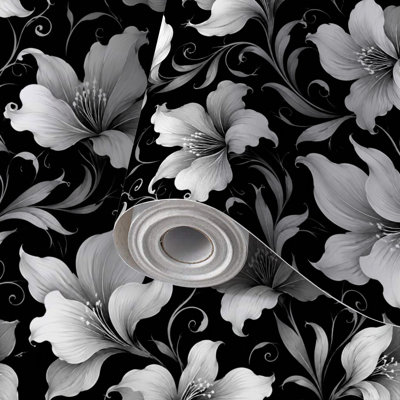 Papier peint auto-adhésif à motif de fleurs blanches à motif de pétales fluides noirs auto-adhésifs et amovibles 24 po x 118 po (60 x 300 cm)