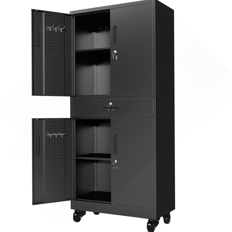 Armoire de rangement en métal avec tiroir, armoire de garage 71 po avec portes verrouillables et 2 tablettes réglables, armoire à outils robuste avec panneau perforé, 8 crochets et roulettes pour le bureau à domicile