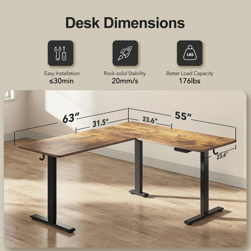 63" L-Shaped Standing Desk with Memory Height Controller, Adjustable Corner Desk for Home Office, Rustic Brown/Black
