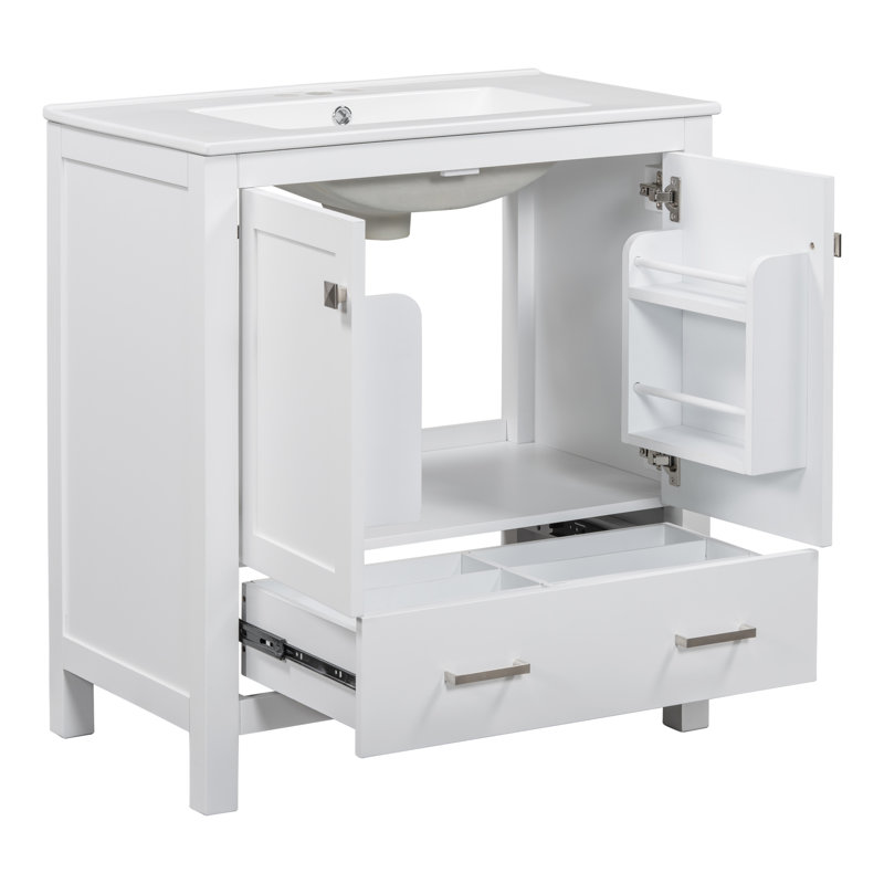 Nebo Single Bathroom Vanity with Ceramic Top, Silver, White, 30"