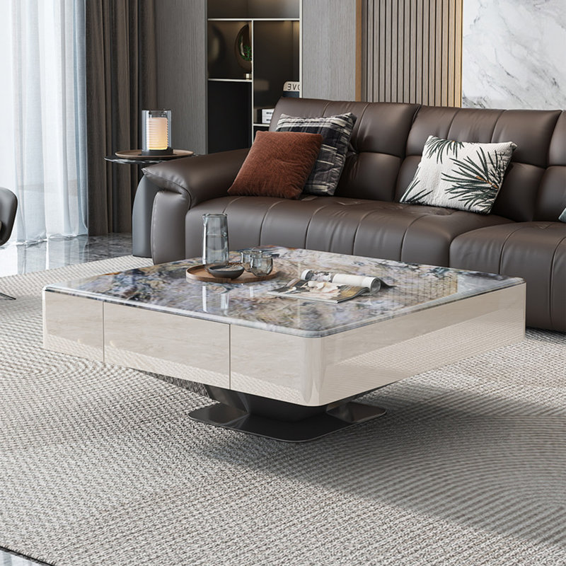 Table basse italienne en pierre carrée micro-cristalline, H 16,5 po x L 31,5 po x l 31,5 po, Gris clair