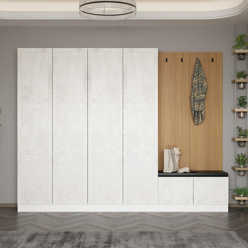 Support de couloir moderne, blanc, 106,3 x 82,7 x 13,8 pouces | 100% panneau de particules enduit de mélamine, épaisseur: 0,7 pouce | Design scandinave, solution de rangement élégante pour le vestibule et l'organisation de la maison