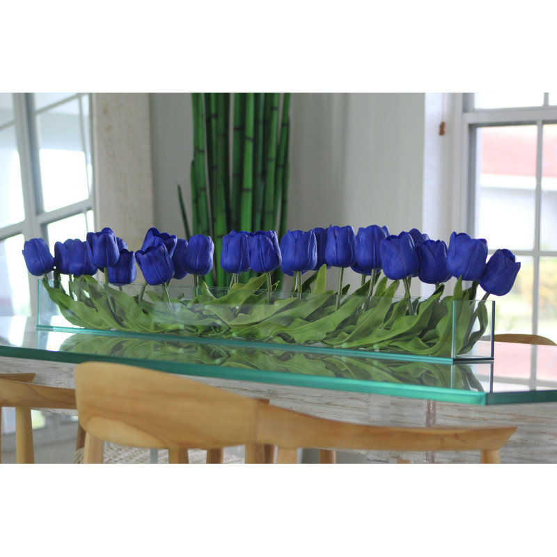 Casa Moderna Glass Plate planter with white Tulips, Blue