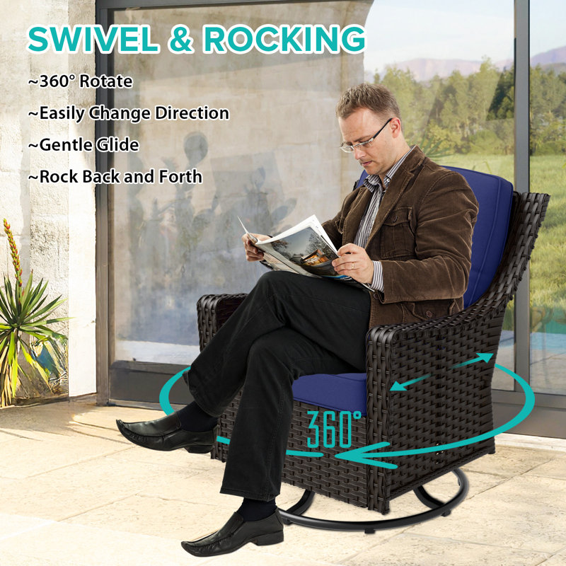 Azure Bay 3-Piece Brown Steel Wicker Outdoor Bistro Set with Blue Cushions