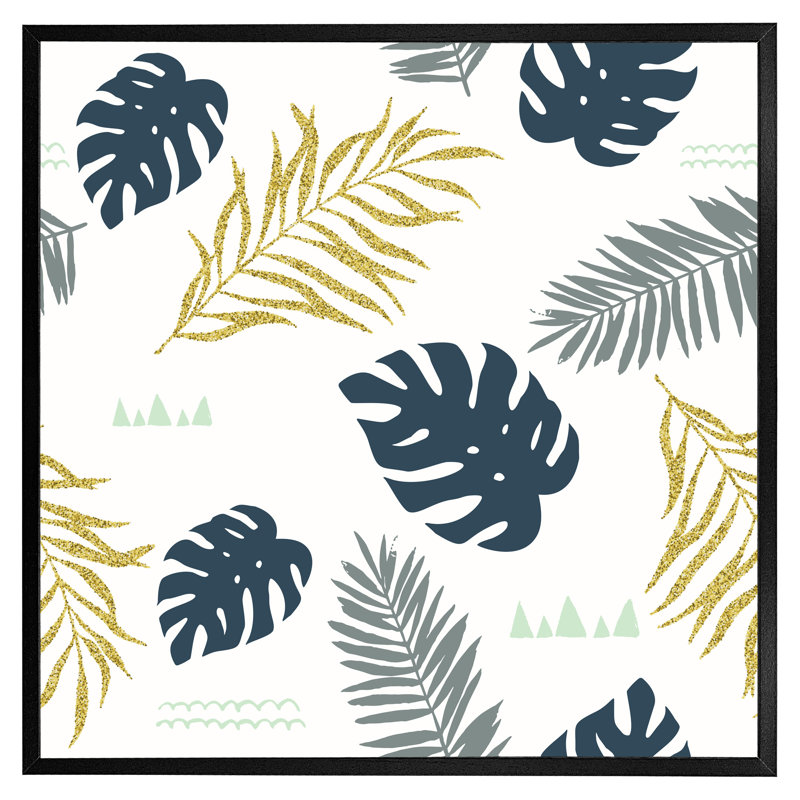 Armida Gold Glitter & Navy Leaves - Single Picture Frame Print, Black Framed, 31cm H x 31cm W x 4cm D