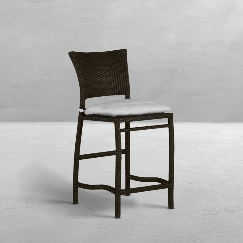 Skye 24" Patio Bar Stool with Cushion, Welt, Arbor Chambray Dove Sunbrella®, Black Walnut