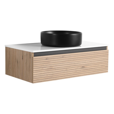 Meuble-lavabo de 91 cm avec lavabo en céramique noire et tiroir à fermeture douce, design moderne et élégant, couleur dominante café, matériau en contreplaqué, tiroir à extension 2/3 et poignée biseautée à 45°.