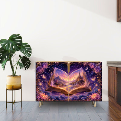 Buffet Buffet avec rangement Loup Hurlant sous la lune et forêt mystique avec 2 portes pour le salon et la cuisine