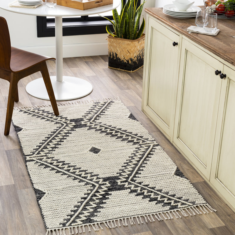 Tapis noir / crème en coton / laine tissé à la main Aristaeus Southwestern, Rectangle 6 pi x 9 pi