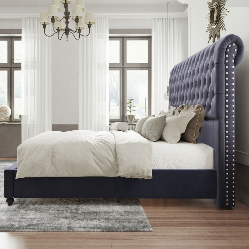 Alhaji Upholstered Wingback Bed, Queen, Silver Gray