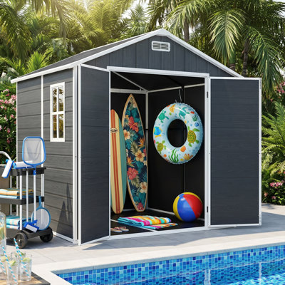8 x 6 FT Resin Outdoor Storage Shed with Lockable Door, Reinforced Floor, Interior Storage Shelf, Window & Roof Vent, Waterproof All-Weather Plastic Tool Shed for Backyard Patio Garden