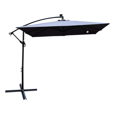Grand parasol de patio carré de 2,5 x 2,5 m avec lumières solaires -, 8 nervures, mécanisme à manivelle, base transversale pour éclairage extérieur à DEL pour jardin et piscine, manivelle, zone
