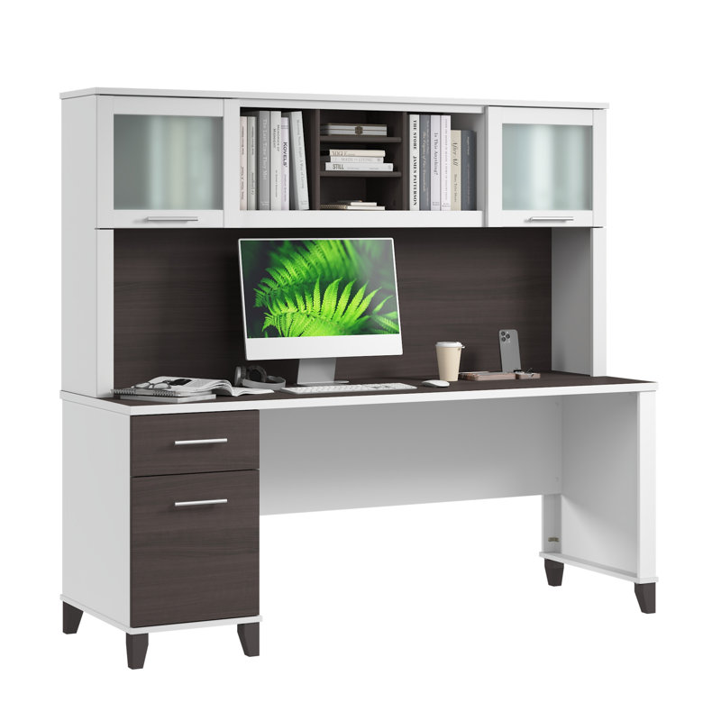 Bureau de 72 po avec huche, tiroirs, bureau d'ordinateur avec rangement Paelynn, bois moderne, gris orage et blanc
