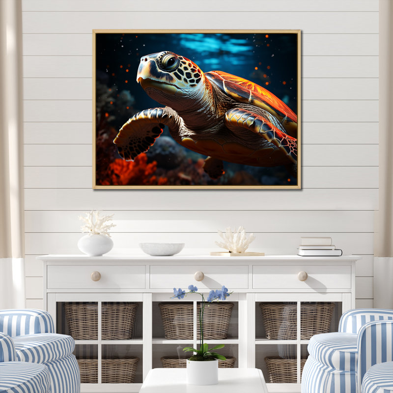 Représentation abstraite d'une tortue sérénité sur toile, Cadre naturel flottant, H 16 po x l 32 po