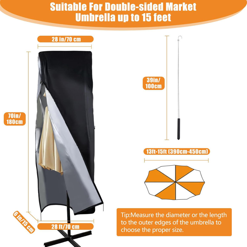 420D imperméable pour l'extérieur, s'adapte à un grand parasol double face de 13 à 15 pi
